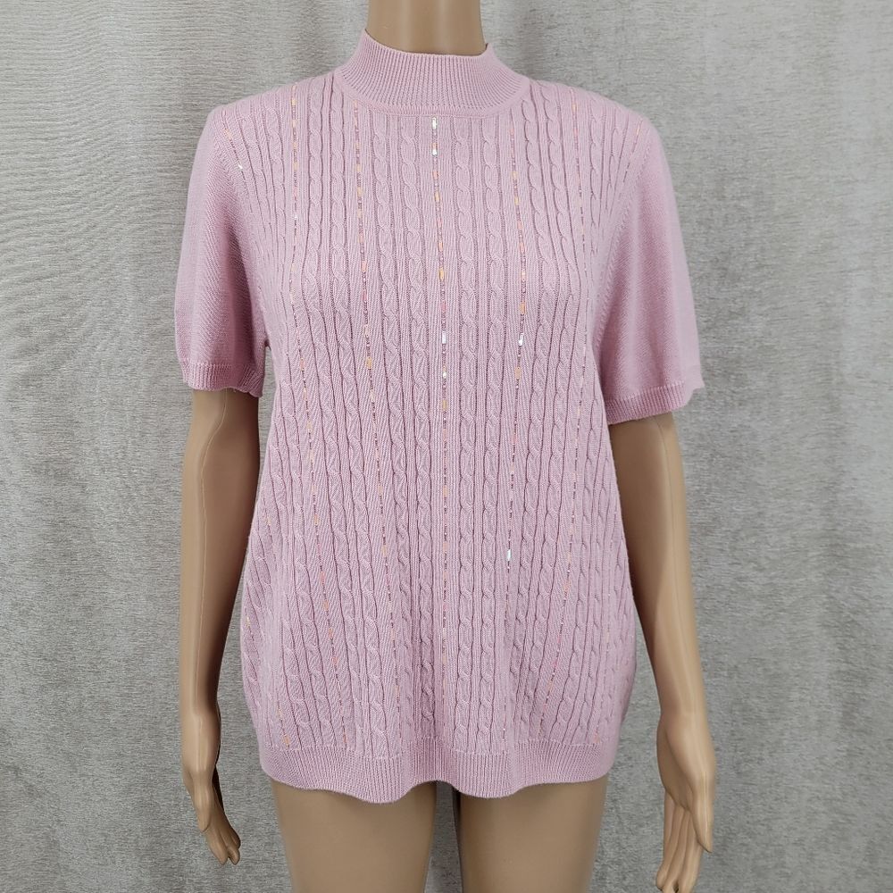 Alfred Dunner Pink Sequin Cable Knit Sweater Short Sleeve Mock Neck Wool Blend